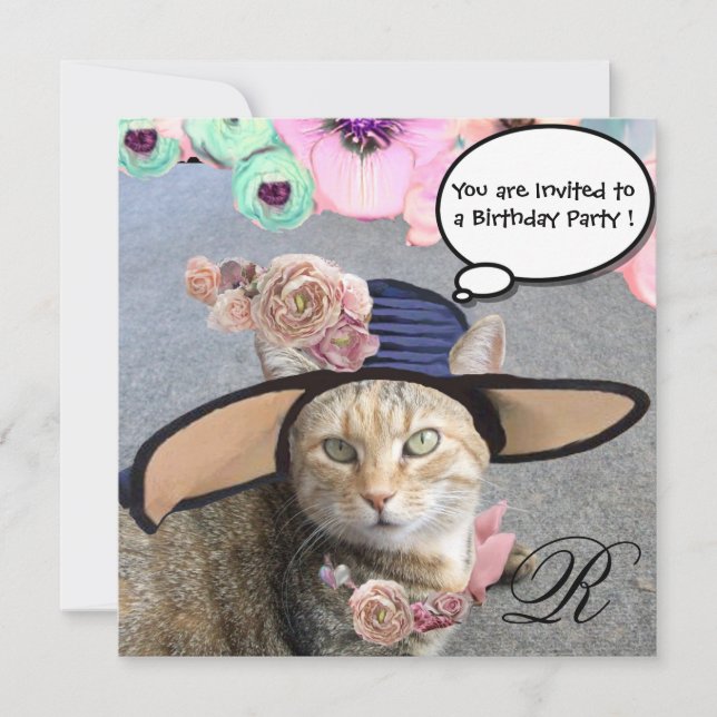 ELEGANT CAT,BIG DIVA HAT AND ROSES BIRTHDAY PARTY INVITATION (Front)