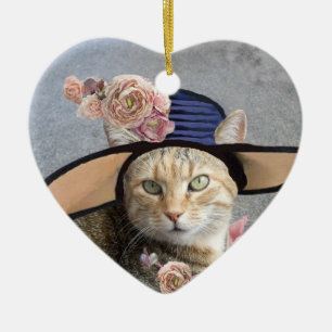 ELEGANT CAT,BIG DIVA HAT AND ROSES Valentine Heart Ceramic Tree Decoration