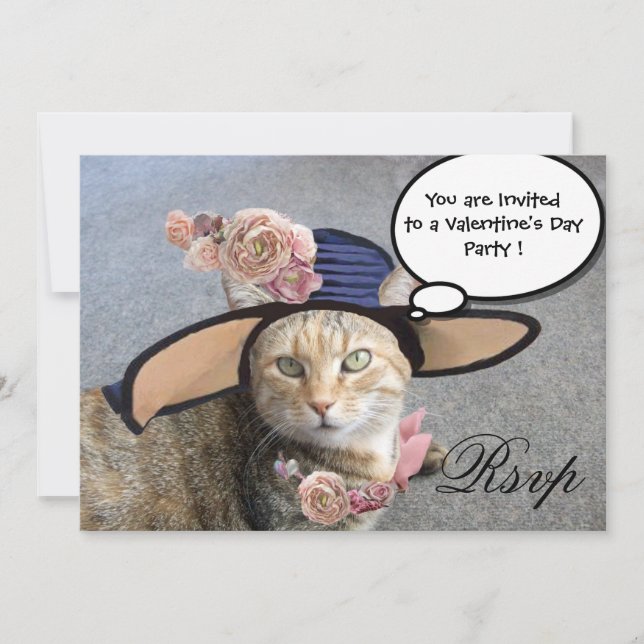 ELEGANT CAT,BIG DIVA HAT AND ROSES VALENTINE RSVP INVITATION (Front)