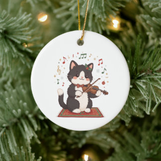 Elegant Cat Playing Violin Christmas Ceramic Tree Decoration