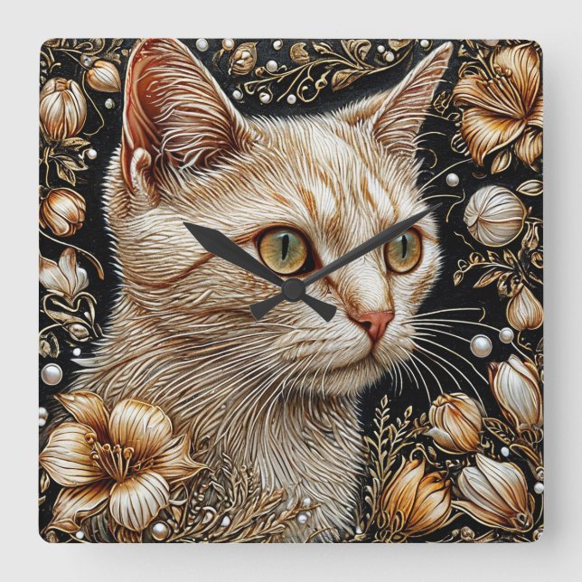 Elegant Cat Portrait Square Wall Clock (Front)