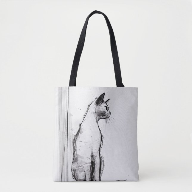 Elegant Cat Sketch Tote Bag (Front)