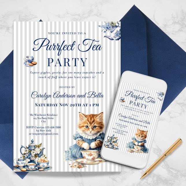 Elegant Cat Tea Party Invitation Template (Elegant Cat Tea Party Invitation Template)
