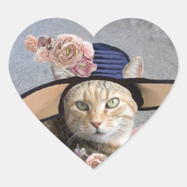 ELEGANT CAT WITH BIG DIVA HAT,PINK ROSES Valentine Heart Sticker (Front)