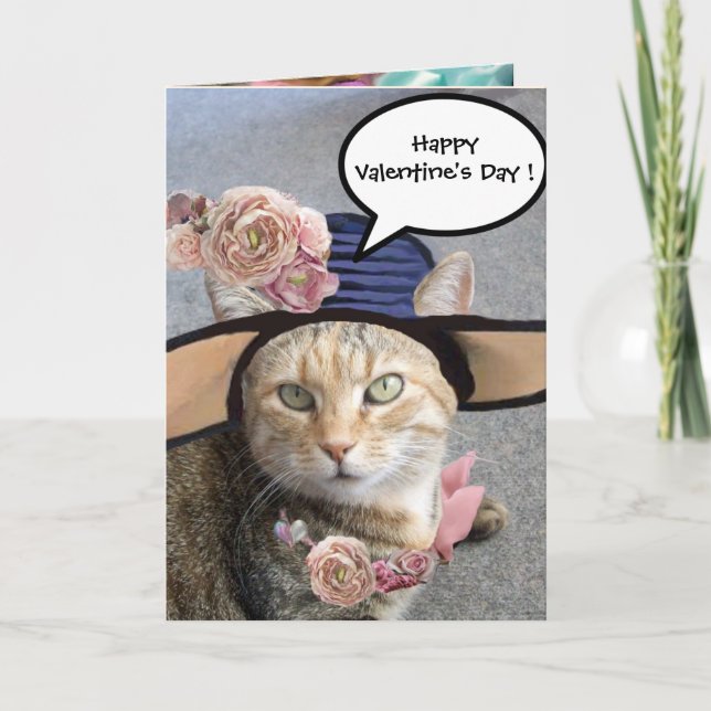 ELEGANT CAT WITH BIG DIVA HAT,PINK ROSES Valentine Holiday Card (Front)