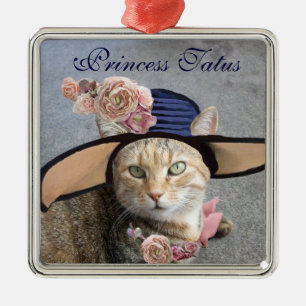 ELEGANT CAT WITH BIG DIVA HAT,PINK ROSES Valentine Metal Tree Decoration