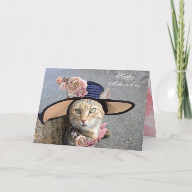 ELEGANT CAT WITH DIVA HAT,PINK ROSES Mother's Day Card (Front)