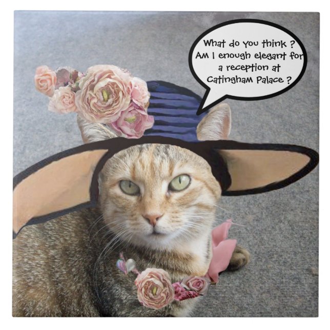 ELEGANT CAT WITH DIVA HAT,PINK ROSES Mother's Day Tile (Front)