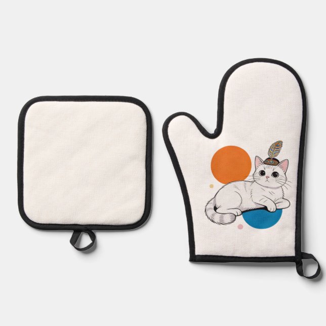 Elegant Cat with Peacock Feather Headdress Oven Mitt & Pot Holder Set (Front)