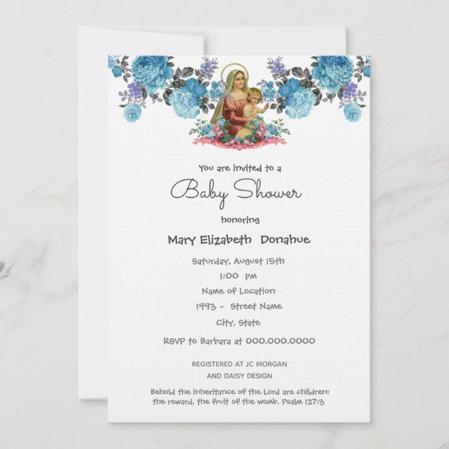 Elegant Catholic Baby Shower Blue Invitation (Front)