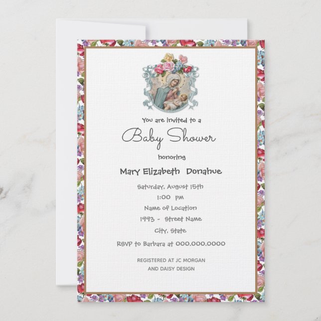 Elegant Catholic Baby Shower Floral Invitation (Front)