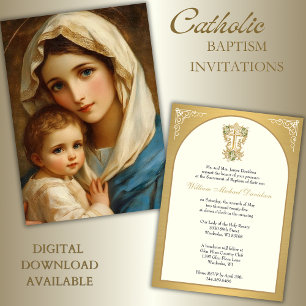 Elegant Catholic Baptism Mary Jesus Gold  Invitation