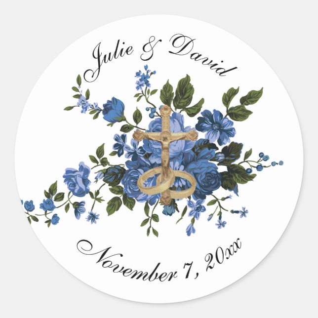 Elegant Catholic Blue Roses Wedding Label (Front)