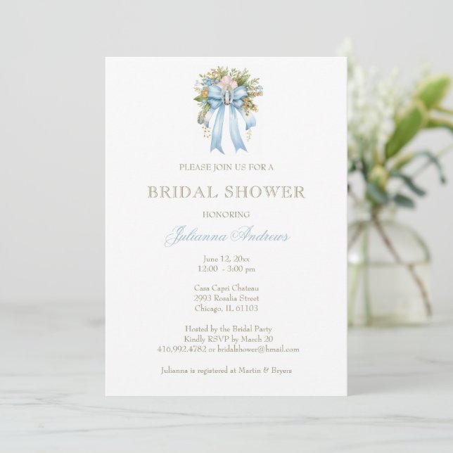 Elegant Catholic Bridal Shower Floral Bow Invitation (Standing Front)