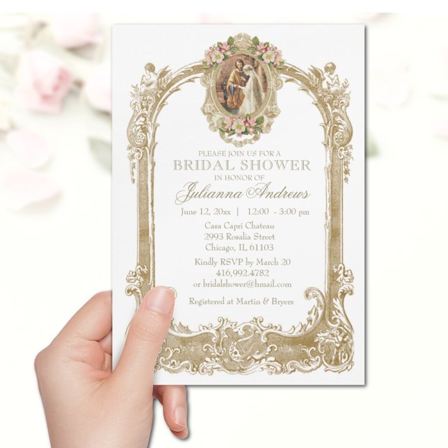Elegant Catholic Bridal Shower Gold Floral  Invita Invitation (Creator Uploaded)