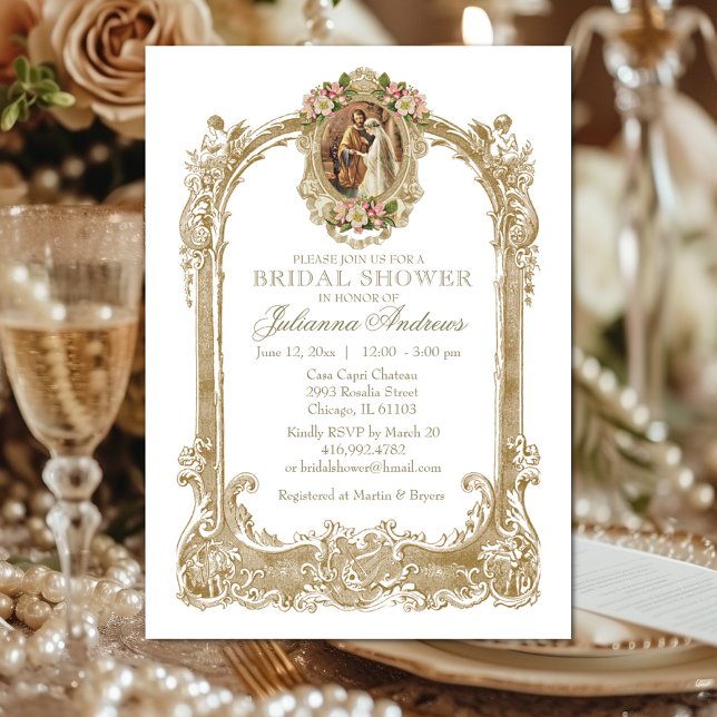 Elegant Catholic Bridal Shower Gold Floral  Invita Invitation (Creator Uploaded)