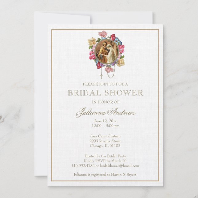 Elegant Catholic Bridal Shower Gold Floral  Invita Invitation (Front)