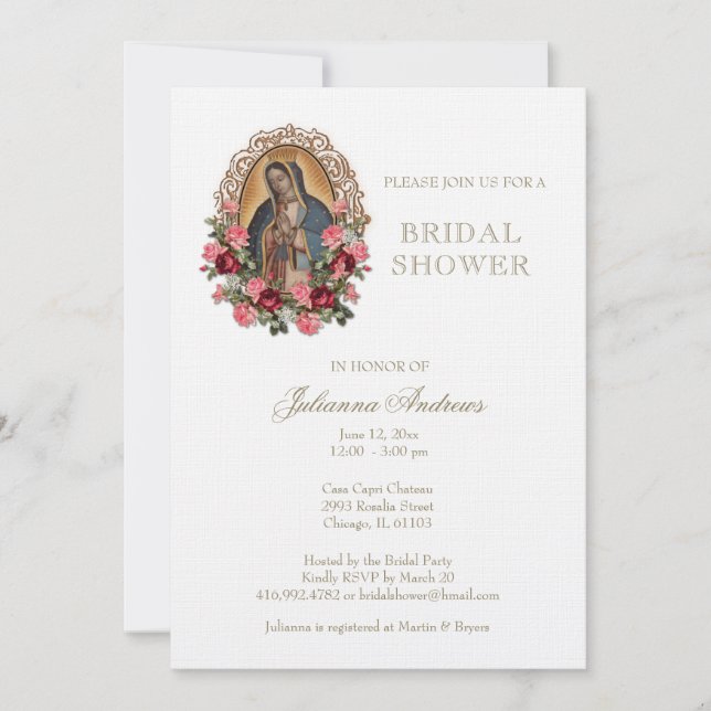 Elegant Catholic Bridal Shower Guadalupe Roses Invitation (Front)