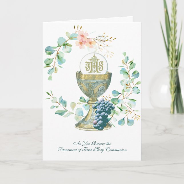 Elegant Catholic First Holy Communion Floral  Invitation (Front)