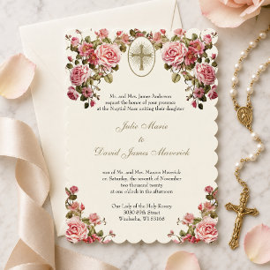 Elegant Catholic Floral Wedding and Reception Invitation
