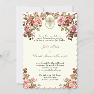 Elegant Catholic Floral Wedding and Reception  Invitation