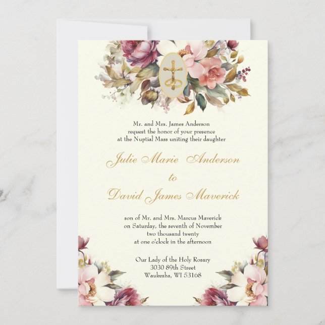 Elegant Catholic Floral Wedding and Reception  Invitation (Front)