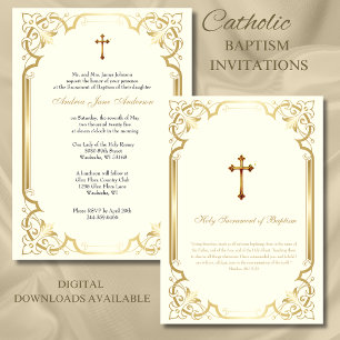 Elegant Catholic Gold Baptism Christening Invitation