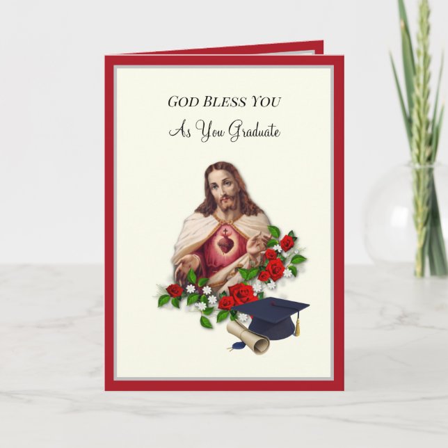 Elegant Catholic Graduation Sacred Heart Roses Card (Front)