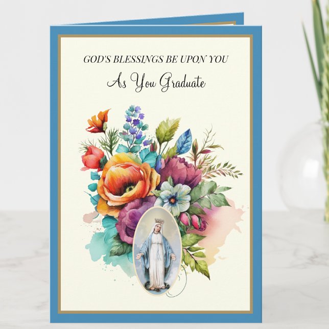 Elegant Catholic Graduation Virgin Mary Flowers  Card (Creator Uploaded)