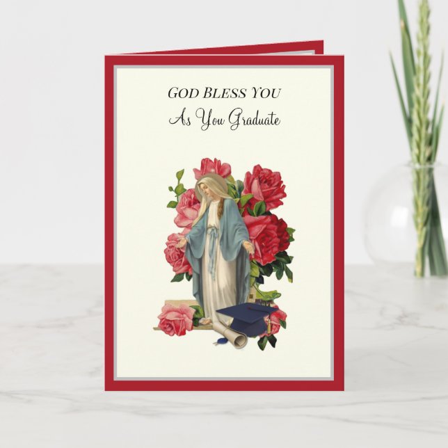 Elegant Catholic Graduation Virgin Mary Roses Card (Front)
