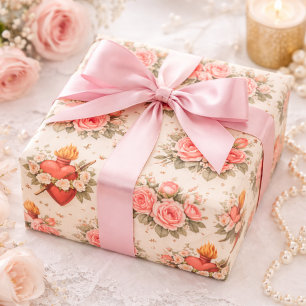 Elegant Catholic Heart of Mary Pink Roses Wrapping Paper