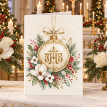 Elegant Catholic IHS Christmas Card, Gold Ornament