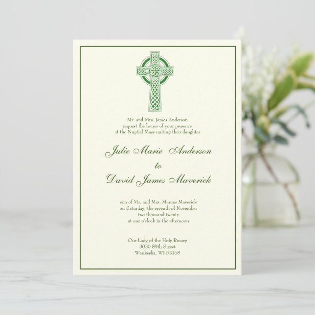 Elegant Catholic Irish Celtic Cross Ivory Wedding  Invitation (Standing Front)