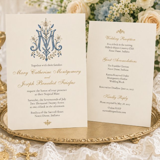 Elegant Catholic Marian Monogram Floral Invitation (Creator Uploaded)