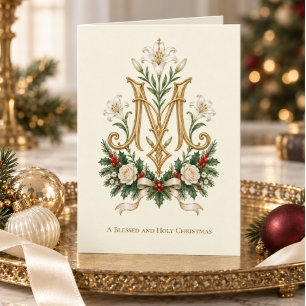 Elegant Catholic Marian Monogram Gold Lily  Card