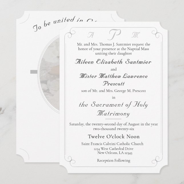 Elegant Catholic Monogrammed Wedding Invitation (Front/Back)