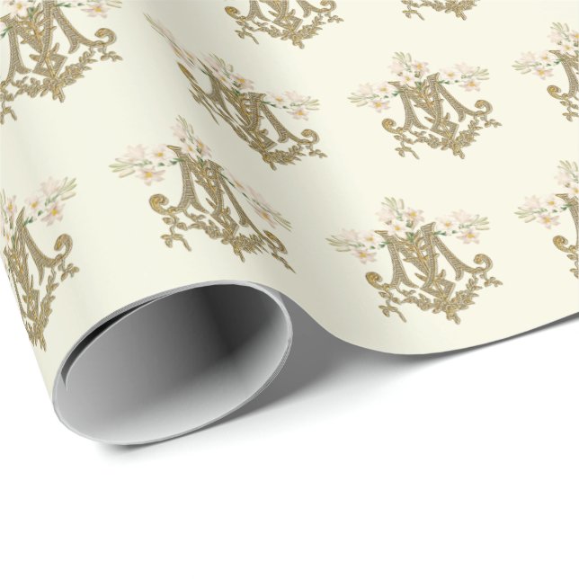 Elegant Catholic Virgin Mary Gold Marian Cross  Wr Wrapping Paper (Roll Corner)