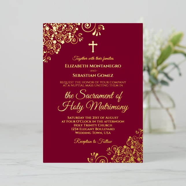 Elegant Catholic Wedding Burgundy & Gold (Standing Front)