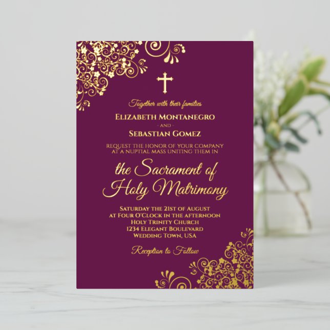 Elegant Catholic Wedding Magenta Plum & Gold (Standing Front)