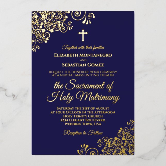 Elegant Catholic Wedding Navy Blue & Gold (Front)