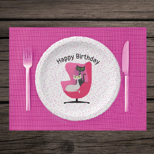 elegant Cats Pink Chair Dots Mid Century Theme Paper Plate