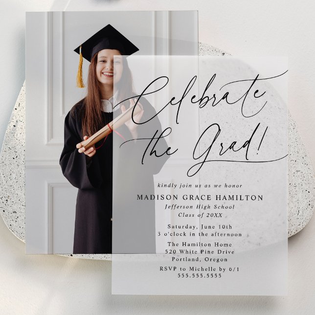 Elegant Celebrate the Grad Black Script Graduation Vellum Invitations (Creator Uploaded)