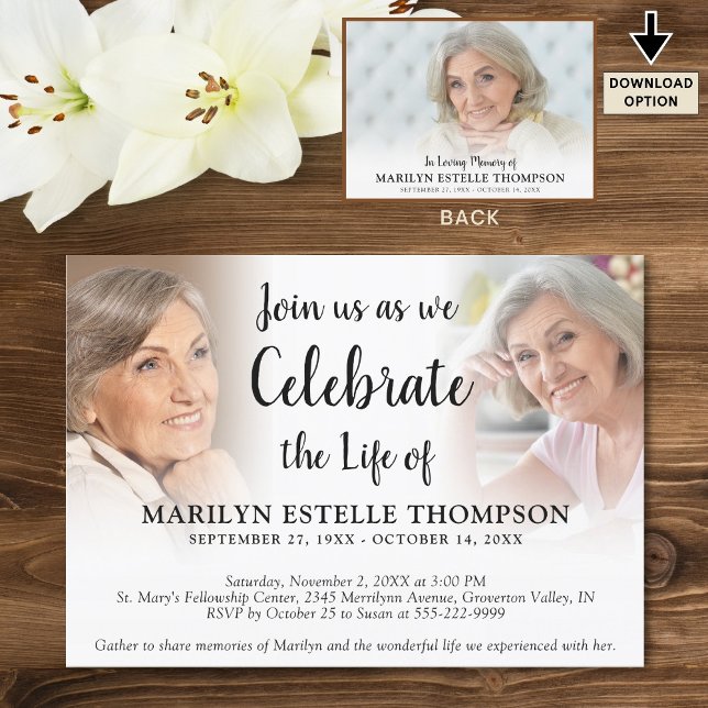 Elegant Celebration of Life 3 Photos Memorial Invi Invitation (Creator Uploaded)