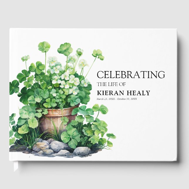 Elegant Celebration of Life' Irish Shamrock Clover Guest Book (Front)