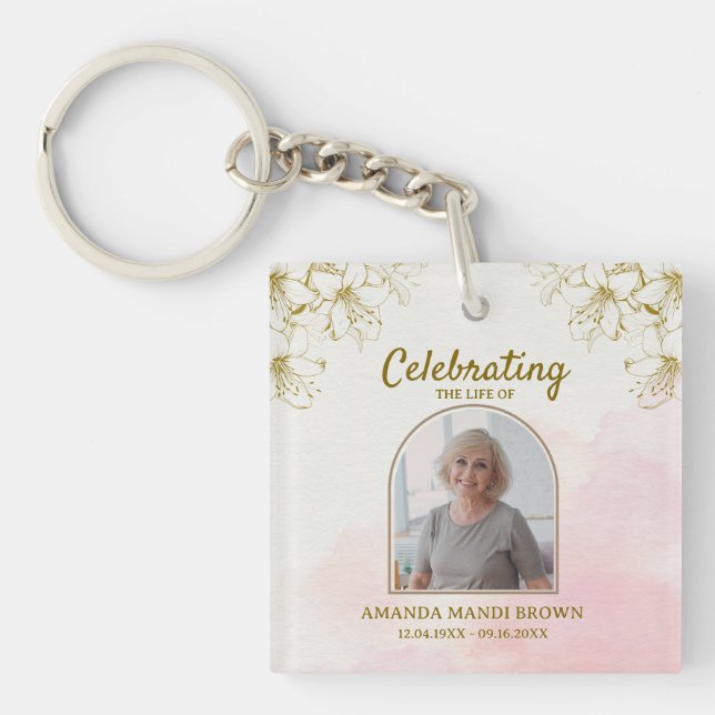 Elegant Celebration of Life Photo Funeral Key Ring (Front)