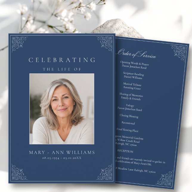Elegant Celebration of Life Photo Funeral Program Invitation (Elegant Celebration of Life Photo Blue Funeral Program)