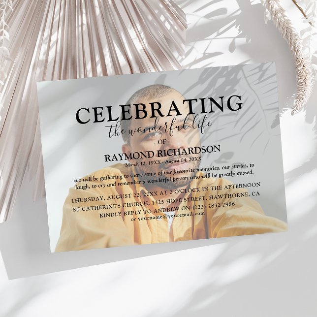 Elegant Celebration of Life Photo Overlay Funeral  Invitation (Creator Uploaded)