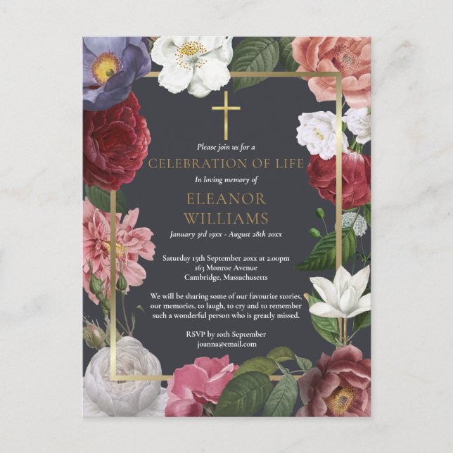 Elegant Celebration of Life Rose Floral Funeral Announcement Postcard (Front)