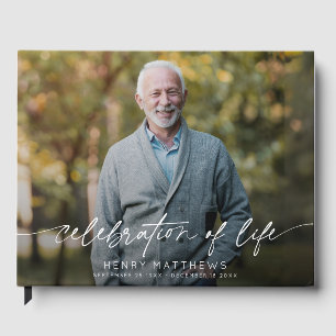 Elegant Celebration of Life Script Photo Funeral Guest Book