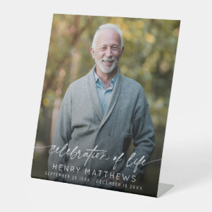 Elegant Celebration of Life Script Photo Funeral Pedestal Sign